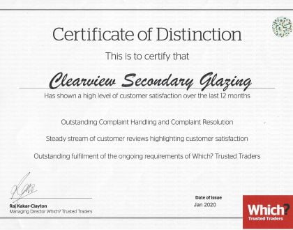 Clearview Awarded Which? Trusted Trader 'Certificate of Distinction'