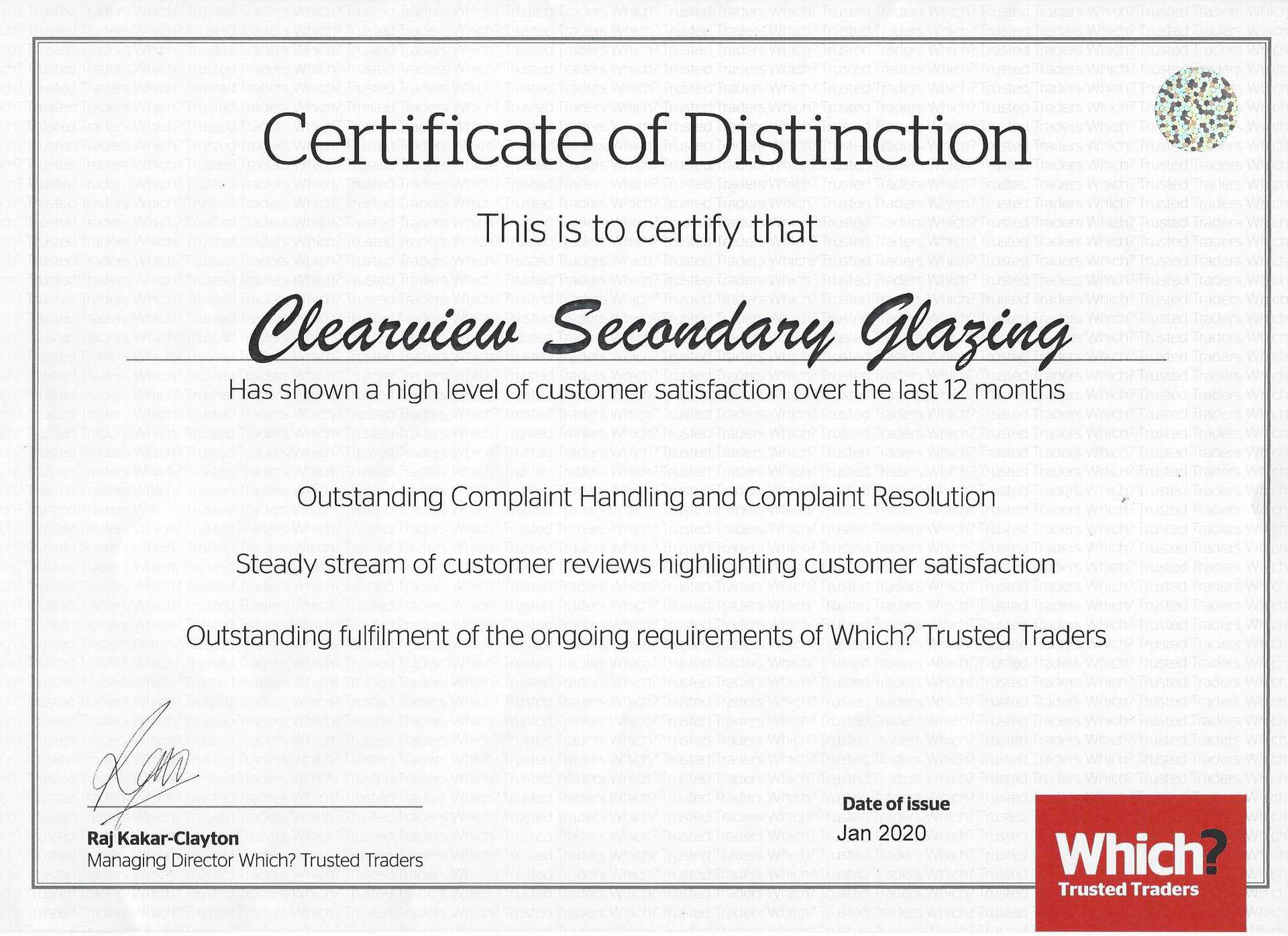 Clearview Awarded Which? Trusted Trader 'Certificate of Distinction'