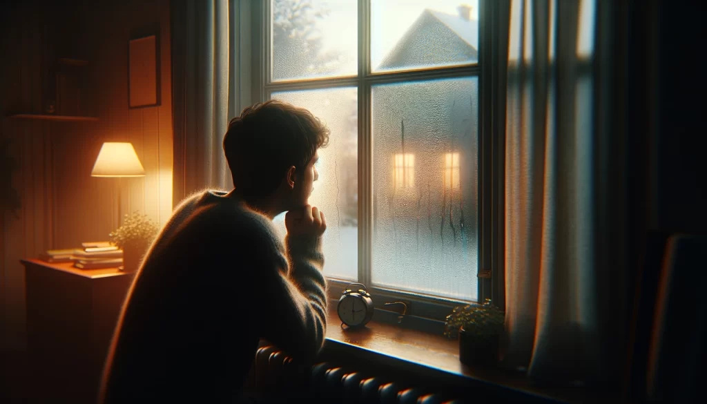 A man looking out of a window with condensation