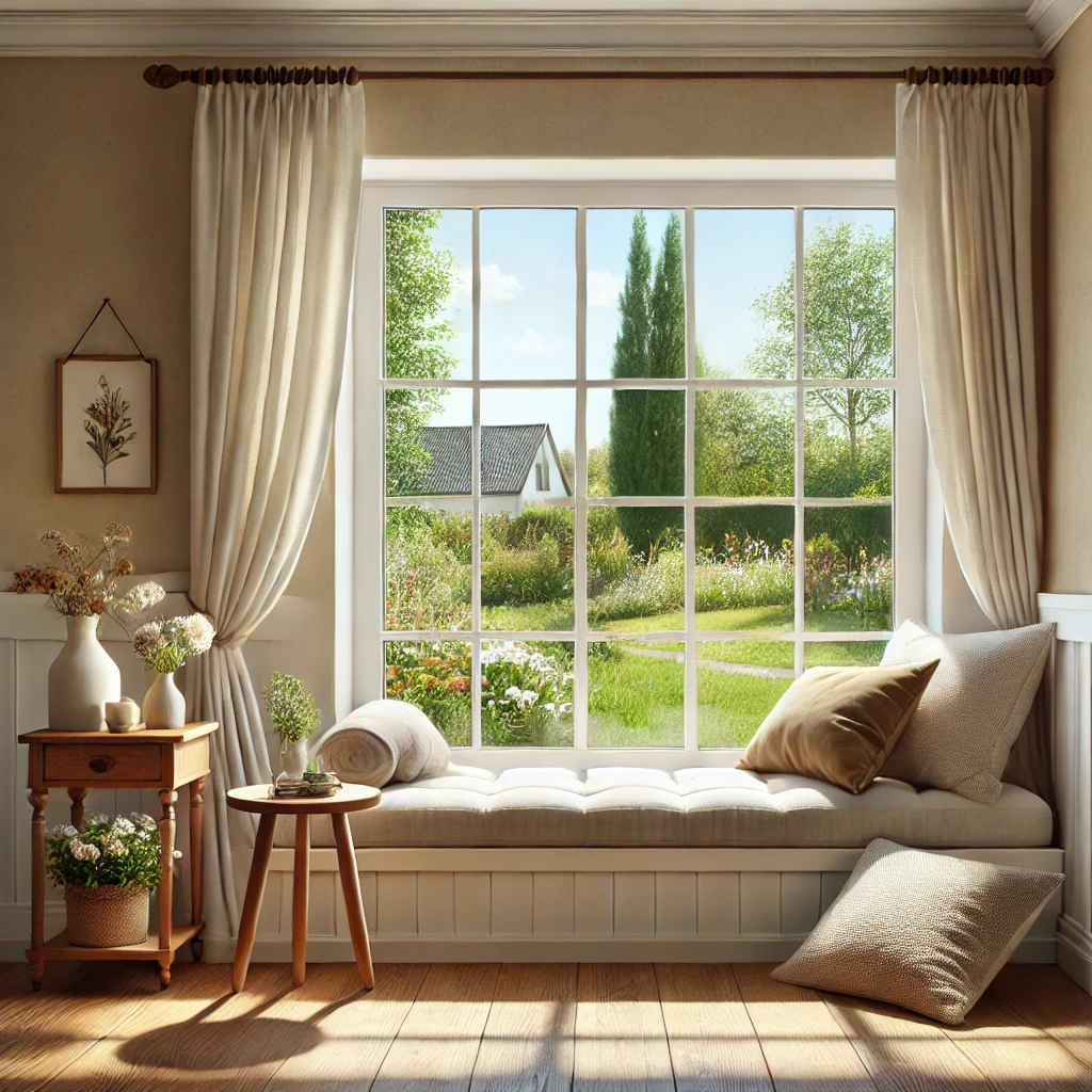 Cosy Living room featuring a large window with white wooden frames and secondary glazing