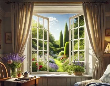 A secondary glazing window with white-painted wooden frames and small square panes is slightly open, showing a summer garden. The window has plain light-colored curtains. Outside, a well-kept garden features colorful flowers, including roses and lavender, along with trimmed hedges. The sky is clear and blue with a few clouds. Sunlight streams through, illuminating a cozy reading nook with an armchair and a small table with a teapot and cup.