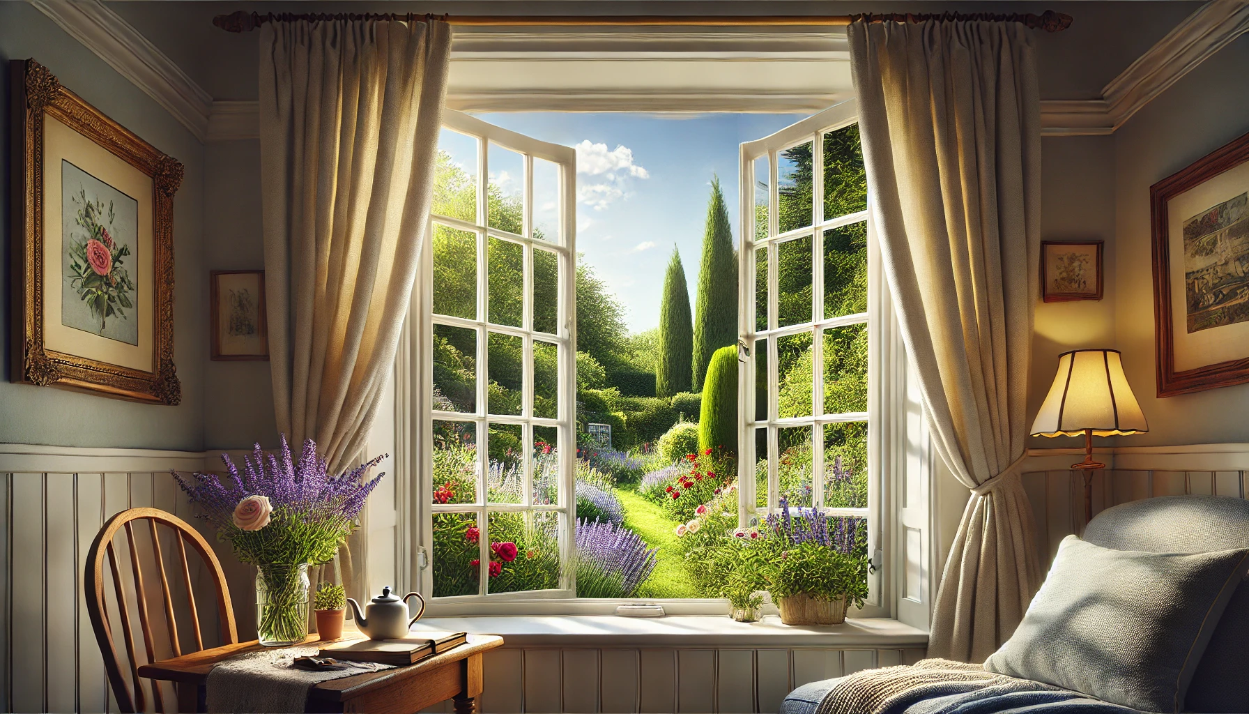 A secondary glazing window with white-painted wooden frames and small square panes is slightly open, showing a summer garden. The window has plain light-colored curtains. Outside, a well-kept garden features colorful flowers, including roses and lavender, along with trimmed hedges. The sky is clear and blue with a few clouds. Sunlight streams through, illuminating a cozy reading nook with an armchair and a small table with a teapot and cup.