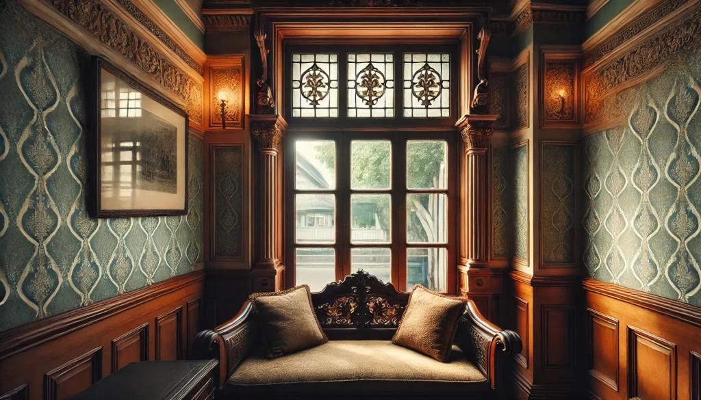 A detailed view of an interior window in a heritage building